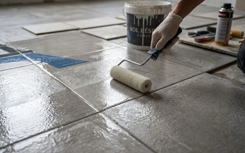 Application du primaire d'accroche sur ancien carrelage