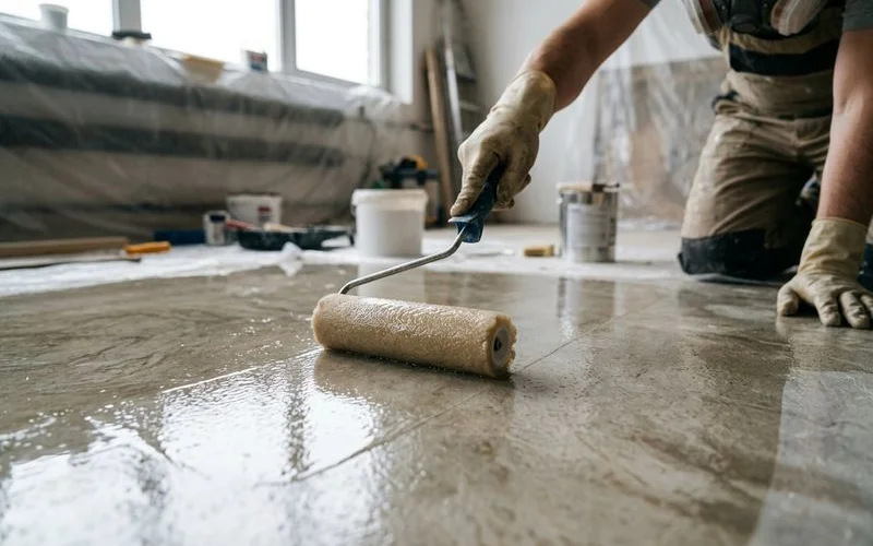 Rénovation d'un sol résine ancien par recouvrement vernis