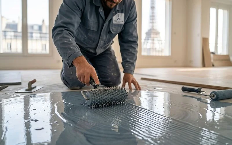 Technicien coulant la résine autolissante