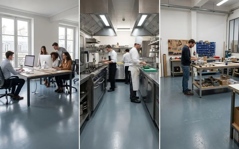 Trois environnements commerciaux : bureau, restaurant, atelier