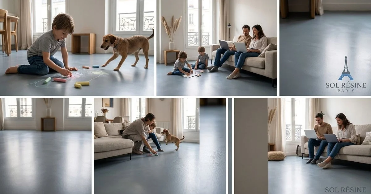 Famille avec enfant et chien sur sol résine seamless dans appartement parisien