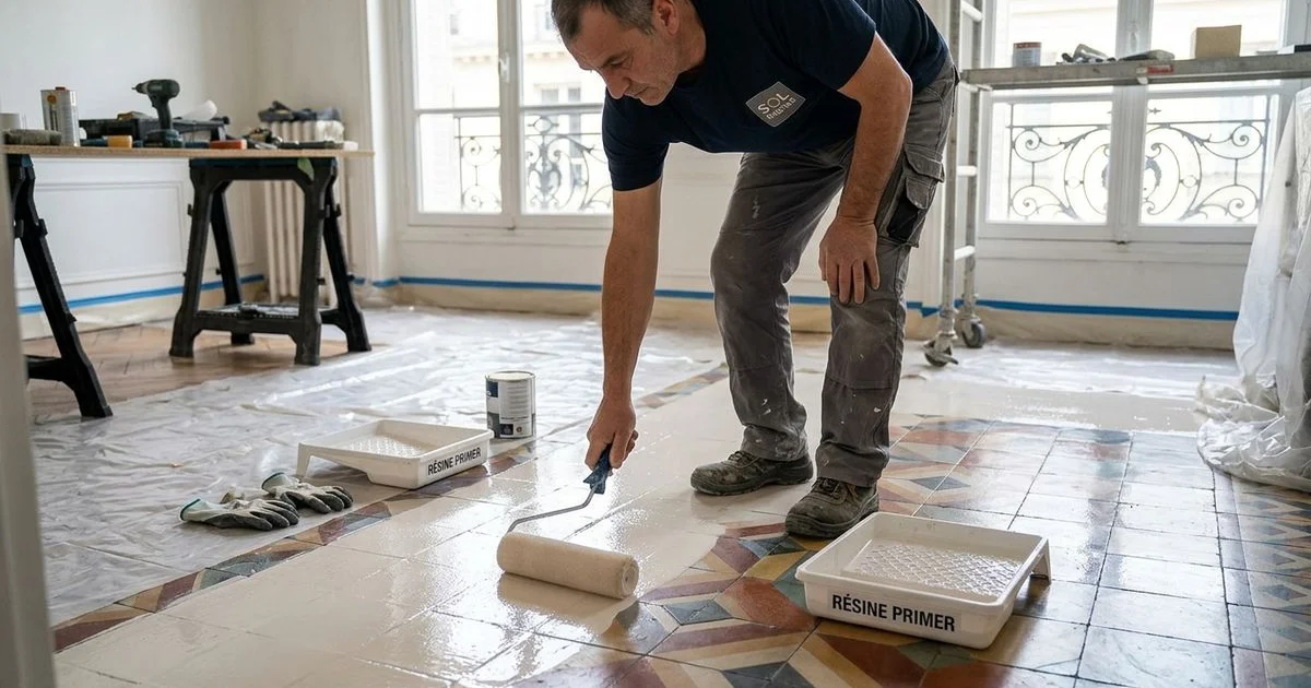 Application du primaire d'accroche sur carrelage existant avant pose résine