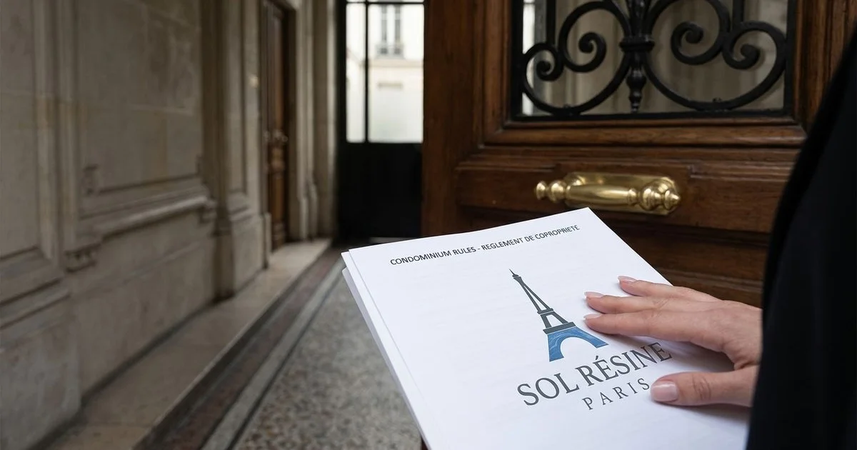 Document règlement copropriété près d'une porte d'appartement parisien
