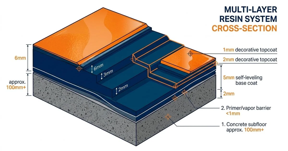Vue en coupe des strates d'un sol résine époxy avec mesures d'épaisseur