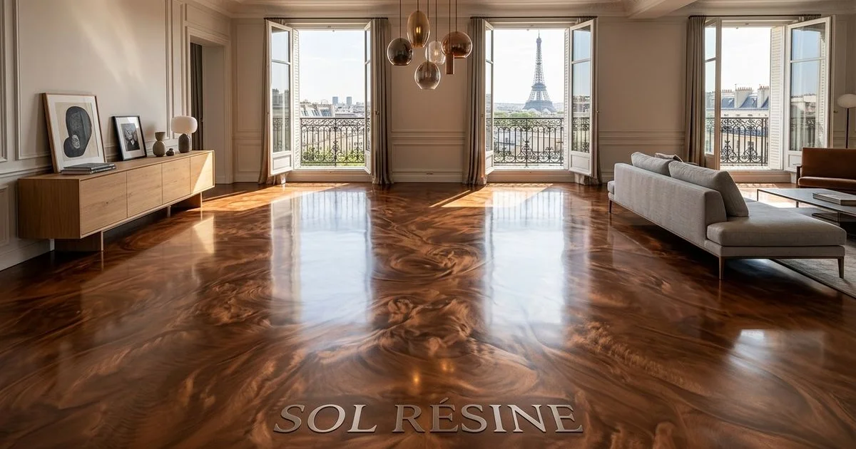 Vue large d'un sol résine métallisé seamless dans un appartement parisien moderne